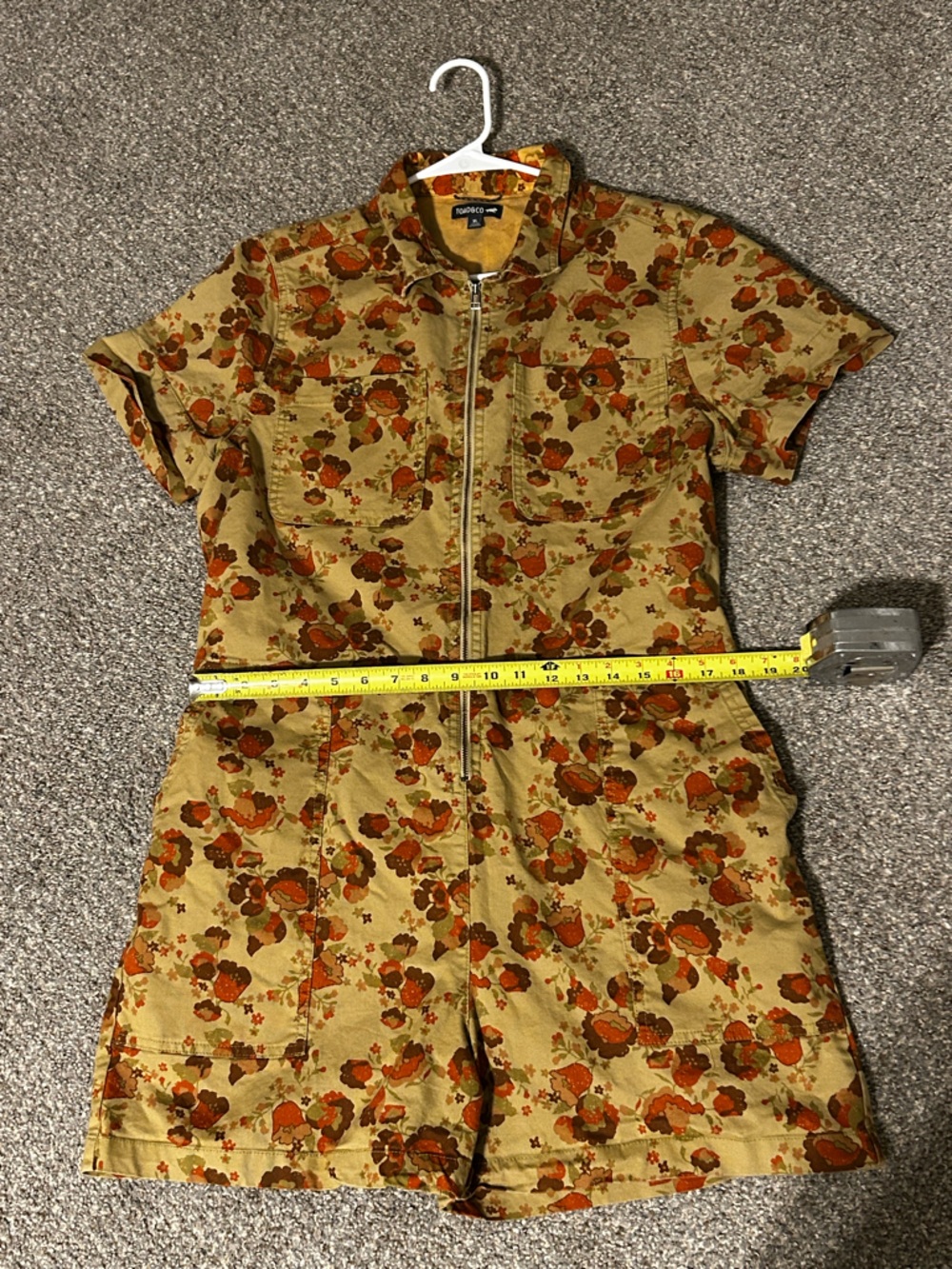 Toad&Co zip-front utility romper in a unique earthy floral print. - Picture 7 of 8